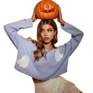 Halloween Ghost Pattern Drop Shoulder Crop Sweater Baby Pastel Blue (S)